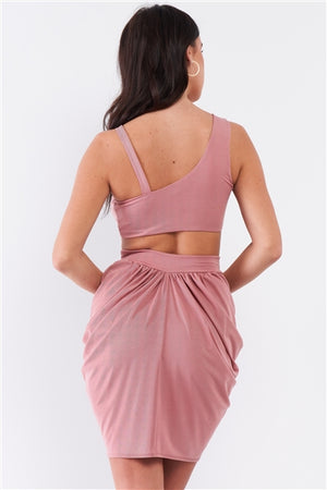Blush Asymmetrical Bustier Top & High Waisted Skirt Set