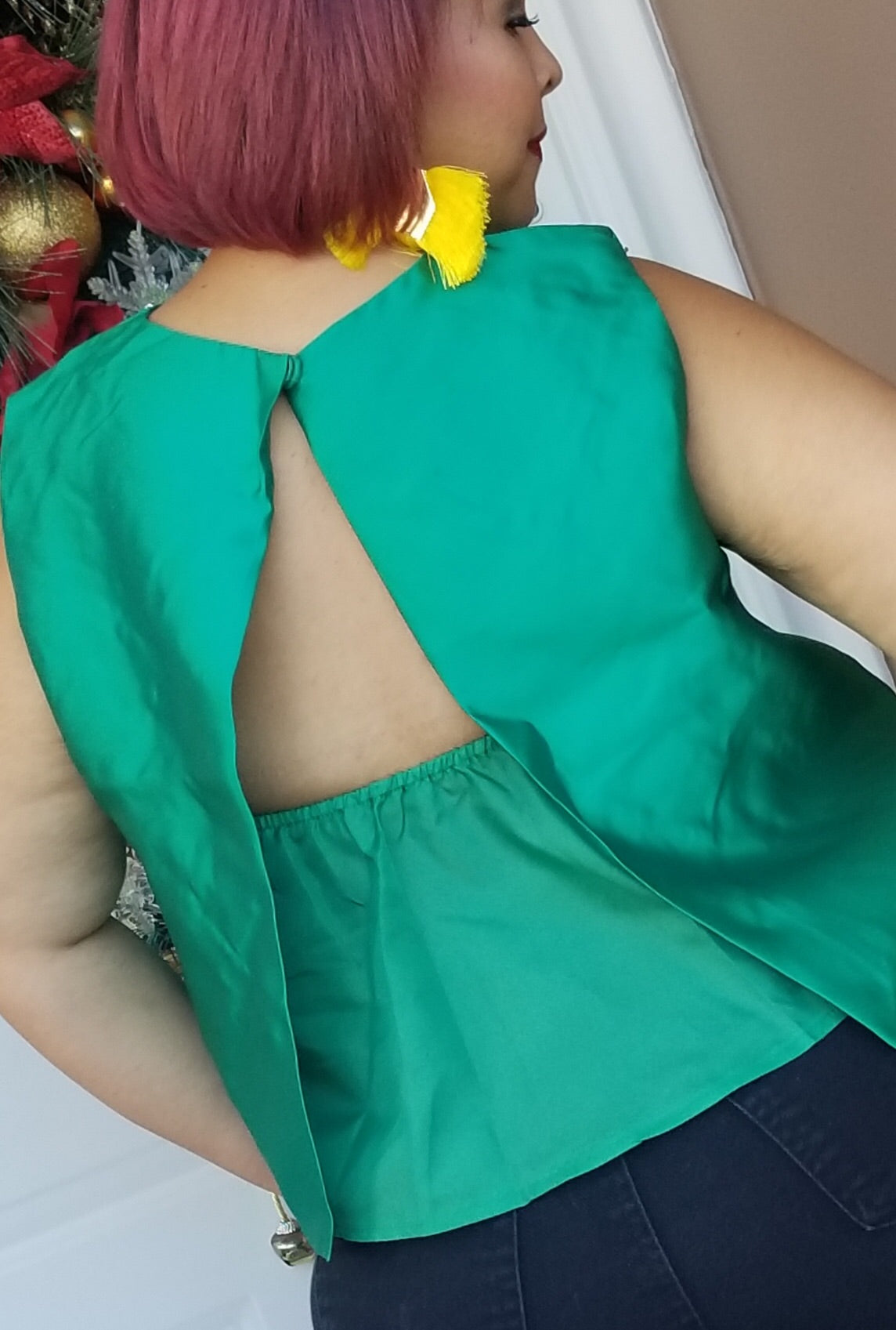Green satin and rhinestones blouse